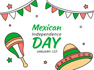 Festive Mexican Independence Day Celebration with Sombrero Maraca Bunting Stars and January 1st Date
