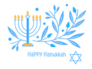 Elegant Happy Hanukkah Illustration with Menorah Star of David and Floral Elements in Blue