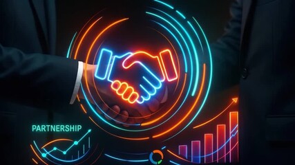 Business handshake partnership neon light digital graph growth chart collaboration success corporate environment symbolizing positive business growth and futuristic digital teamwork innovation - Powered by Adobe