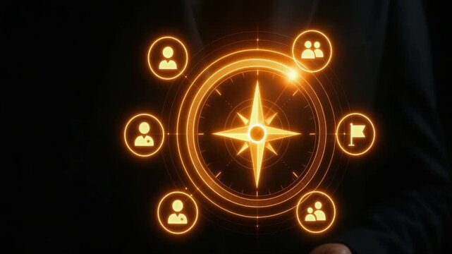 Futuristic digital compass with glowing navigation and circle interface featuring user and group symbols, technology concept highlighting teamwork and direction in dark background