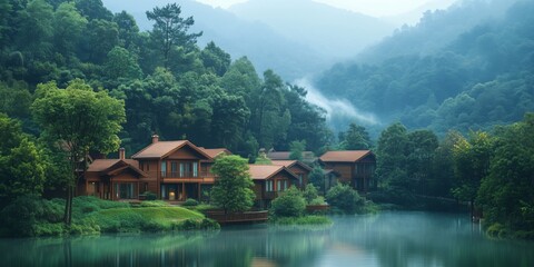 Charming Rustic Houses Nestled by a Serene Lake in a Lush Green Landscape During Early Morning Light.