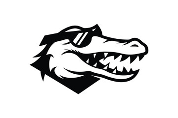 Monochrome cartoon shows an alligator head with sunglasses wearing a collar, isolated