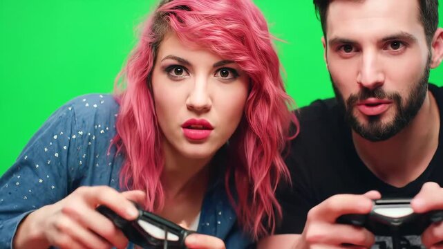 Excited young couple with vibrant pink hair and a beard playing video games with controllers on a green screen showcasing intense focus and fun during their gaming session.