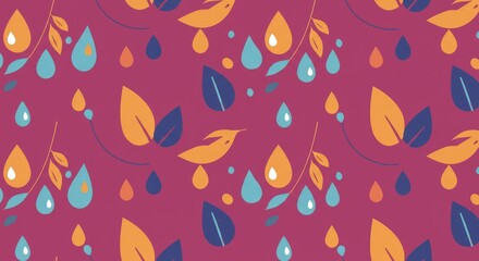 Abstract Autumnal Pattern: Leaves, Raindrops, and Birds on Burgundy Background.