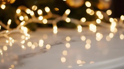 Blurry golden Christmas string lights on a marble surface, creating bokeh effect. Festive decorative background for holidays. - Powered by Adobe