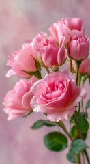 Beautiful Pink Roses Blooming in Soft Natural Light at Home During Springtime.