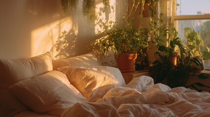 Cozy bedroom filled with sunlight and lush green plants during evening hours