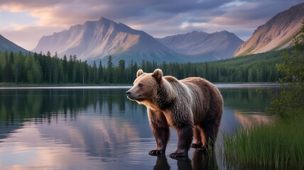 Naklejka premium Majestic grizzly bear stands in a serene mountain lake at sunset