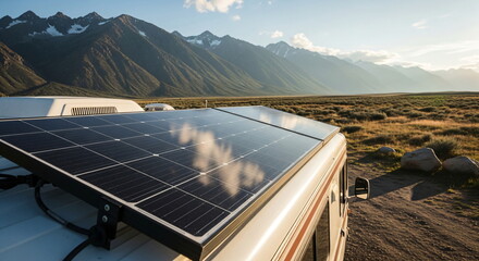 Solar panel on camper van roof at sunrise. Renewable clean energy for sustainable travel. Road trip power generation footage.