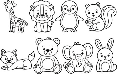 cartoon animal illustration, black and white drawing, giraffe, lion, penguin, squirrel, fox, bear, elephant, rabbit, kids art, sketch