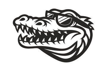 Obraz premium Stylish alligator head showcases coolness with sunglasses, fierce teeth, and streamlined minimalist black silhouette