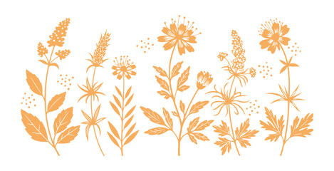 A view of flowers and herbs set against a white backdrop. Stylized design. Green foliage and shoots. Pink blossoms. Simple decorative elements. Lines, dots, and petals. Printmaking technique. Ornament