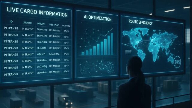 Live cargo information screen featuring AI optimization, route efficiency map, global logistics data, and transit status displayed dark control room with advanced data analysis for cargo logistics
