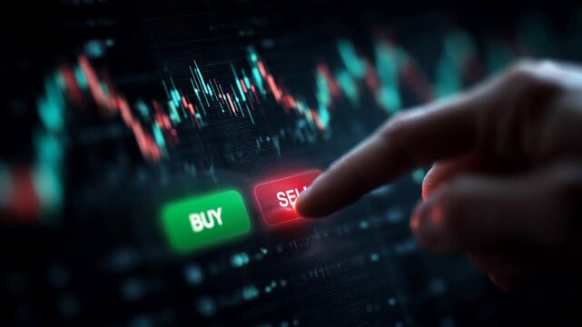finger pressing on red sell button on market chart display. button start shining. selling out sold out, liquidation, cash out, selling portfolio assets, crypto bitcoin stocks