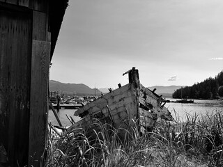 Black and white photo of an old fishing boat on shore surrounded by grass. British Columbia, Canada