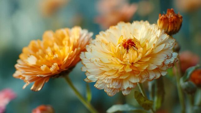 orange dahlia flower, orange yellow flower in the garden and field