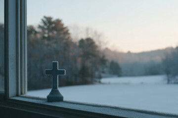 cross resting on windowsill covered with light frost captures essence of tranquility