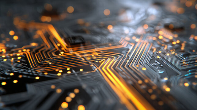 Intricate electronic circuit board with glowing pathways, a close-up shot