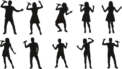 Silhouette singers performing with microphones in dynamic poses, showcasing live music energy, vocal expression, and concert stage movement illustration set.