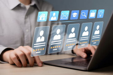 HR, business person searching for job applicant on virtual screen. Human Resources recruitment.