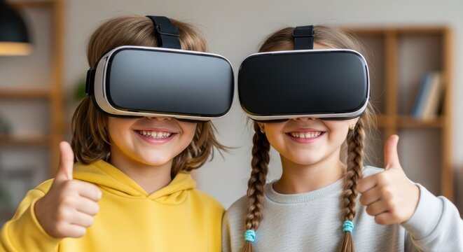 Joyful Exploration: Two smiling children immerse themselves in virtual reality, thumbs raised in a gesture of approval, showcasing the wonder of technology and immersive experience.