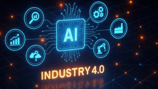 Artificial intelligence technology powering industry 4.0 with digital glowing circuit representing automation, data analysis, innovation, and futuristic smart factory design advanced technology