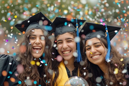 Three college graduations girls confetti togetherness intelligence. - Powered by Adobe