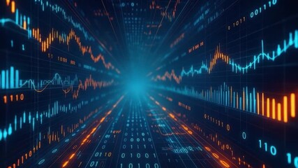 Digital data visualization featuring glowing blue and orange financial charts with binary code, showcasing futuristic technology and dynamic chart analytics in vibrant digital environment - Powered by Adobe