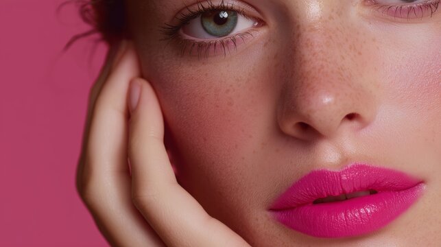 Freckled model showcases vibrant pink lipstick against a bright background