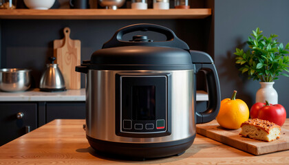 Electric pressure cooker on wooden countertop in modern kitchen  