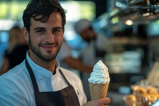 Smiling young ice cream vendor holding soft serve vanilla cone at market stall created with generative ai for commercial use