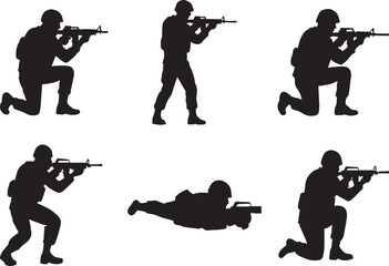 vector silhouettes of american soldiers shooting in action