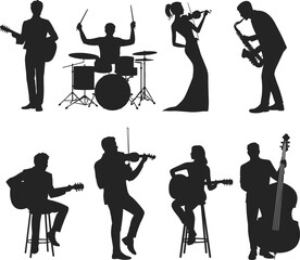 Fototapeta premium musician silhouettes illustration, black and white drawing, guitar, violin, saxophone, drums, double bass, music band, performance art