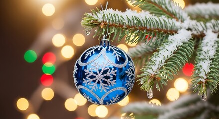 A blue snowflake ornament hangs on a snow-dusted pine branch with bokeh lights.