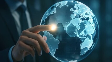 Digital globe hand pointing technology network innovation glowing world map connection communication business global communication data exchange futuristic interface digital networking - Powered by Adobe