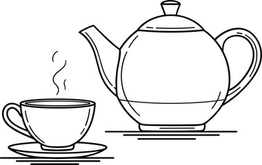 Simple line drawing of a steaming teapot and cup on a saucer