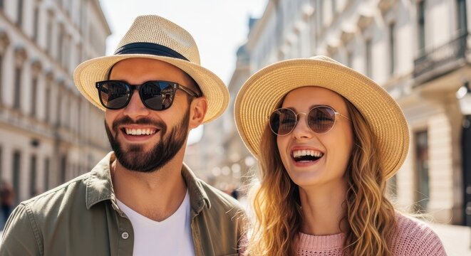 Cheerful City Stroll: A radiant couple explores a picturesque city street, their faces alight with joy, laughter, and a shared sense of adventure.