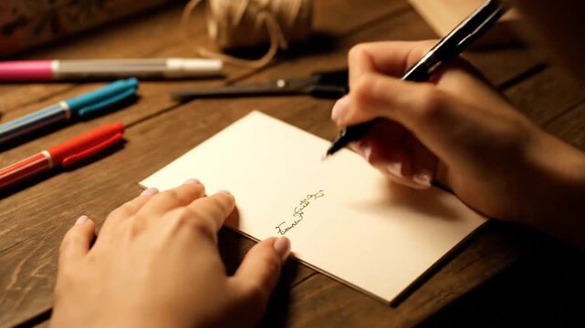 Hands writing on paper with colorful