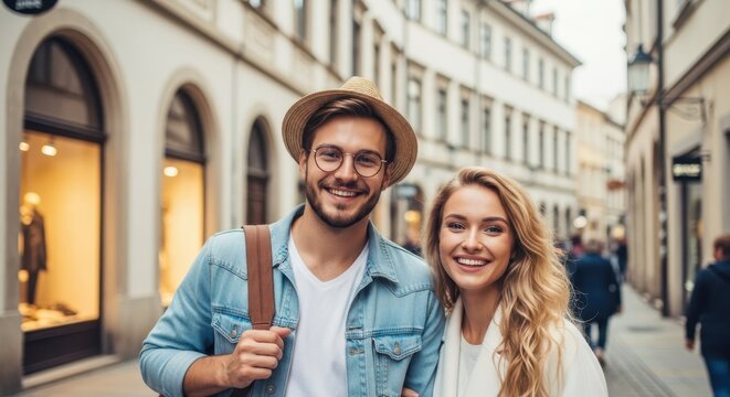 Couple in European City: Capturing the vibrant atmosphere of a European city, a joyful couple smiles, inviting you to experience the allure of travel and shared moments.