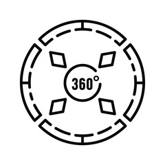 Circular icon with 360 degrees symbol and markers, indicating a full view or panoramic perspective