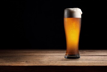 Cold golden beer in a tall glass with foam on a rustic wooden table against a dark background, ideal for bar menus, beverage ads and promotional drink designs