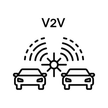 Vehicle to vehicle communication v2v icon with cars and signal waves