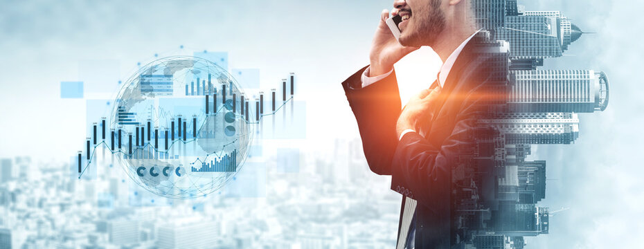 A businessman in a suit confidently talks on the phone with a city skyline and data visualizations behind him, showcasing themes of growth, innovation, and corporate success. Scalp