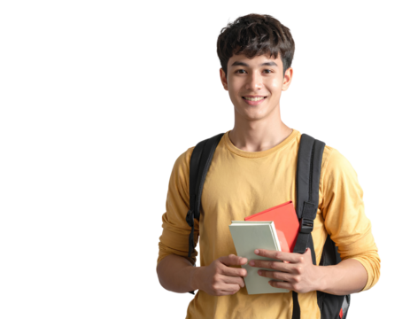 Smiling male college student with backpack and books, ready for learning and education