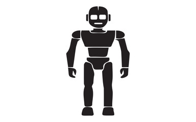 A stylized black silhouette of a humanoid robot standing upright isolated on white background