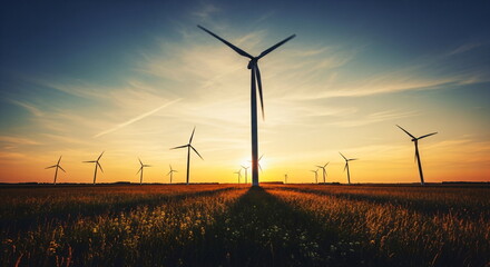 Wind turbine field during sunset. Landscape with multiple wind turbines generating clean energy. Renewable energy solution for sustainable development.