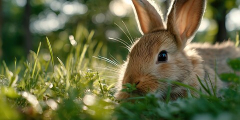Brown rabbit resting in green grass during a sunny afternoon outdoors