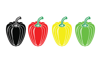 colorful bell peppers including black red yellow and green isolated on white background