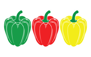 Three colorful bell peppers green red and yellow isolated on white background