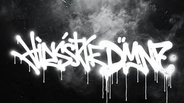 Edgy white graffiti text with dramatic dripping paint effect against a dark, smoky background, embodying a raw urban street art style with a powerful and rebellious monochrome aesthetic